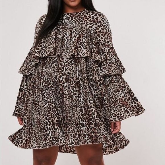 Missguided Pleated Smock Leopard Print Bell Sleeve Mini Dress Sz 6 Tall - Picture 2 of 7